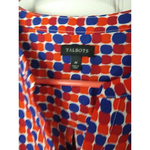 Talbots Woman M Blouse Red Blue Plpolka Dot Long Button Sleeve Semi Sheer - Picture 3 of 10